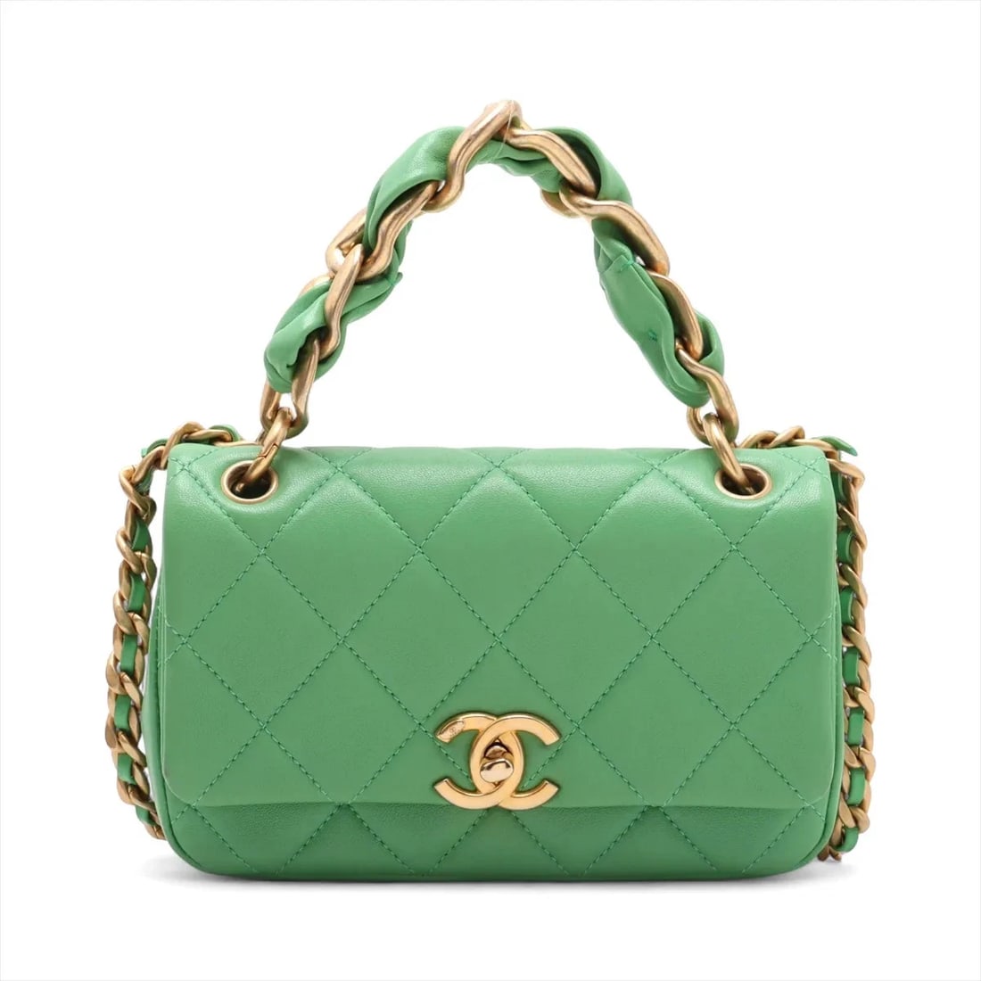CHANEL MATELASSE LAMBSKIN 2 WAY SHOULDER BAG: Chanel Matelasse Lambskin 2 Way Shoulder Bag Brand: Chanel Type: Shoulder bag Material: Lambskin Color: Green Size: Height:4.5inch Length:7.1inch Depth:2.0inch Handle height:3.1inch Shoulder heigh
