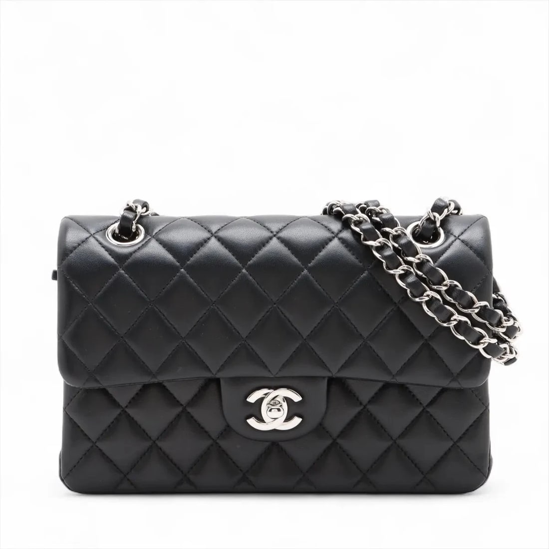 CHANEL MATELASSE 23 SMALL LAMBSKIN DOUBLE FLAP DOUBLE CHAIN BAG: Chanel Matelasse 23 Small Lambskin Double Flap Double Chain Bag Brand: Chanel Type: Shoulder bag Material: Lambskin Color: Black Size: Height:5.7inch Length:8.9inch Depth:2.4inch Shoulder height:9