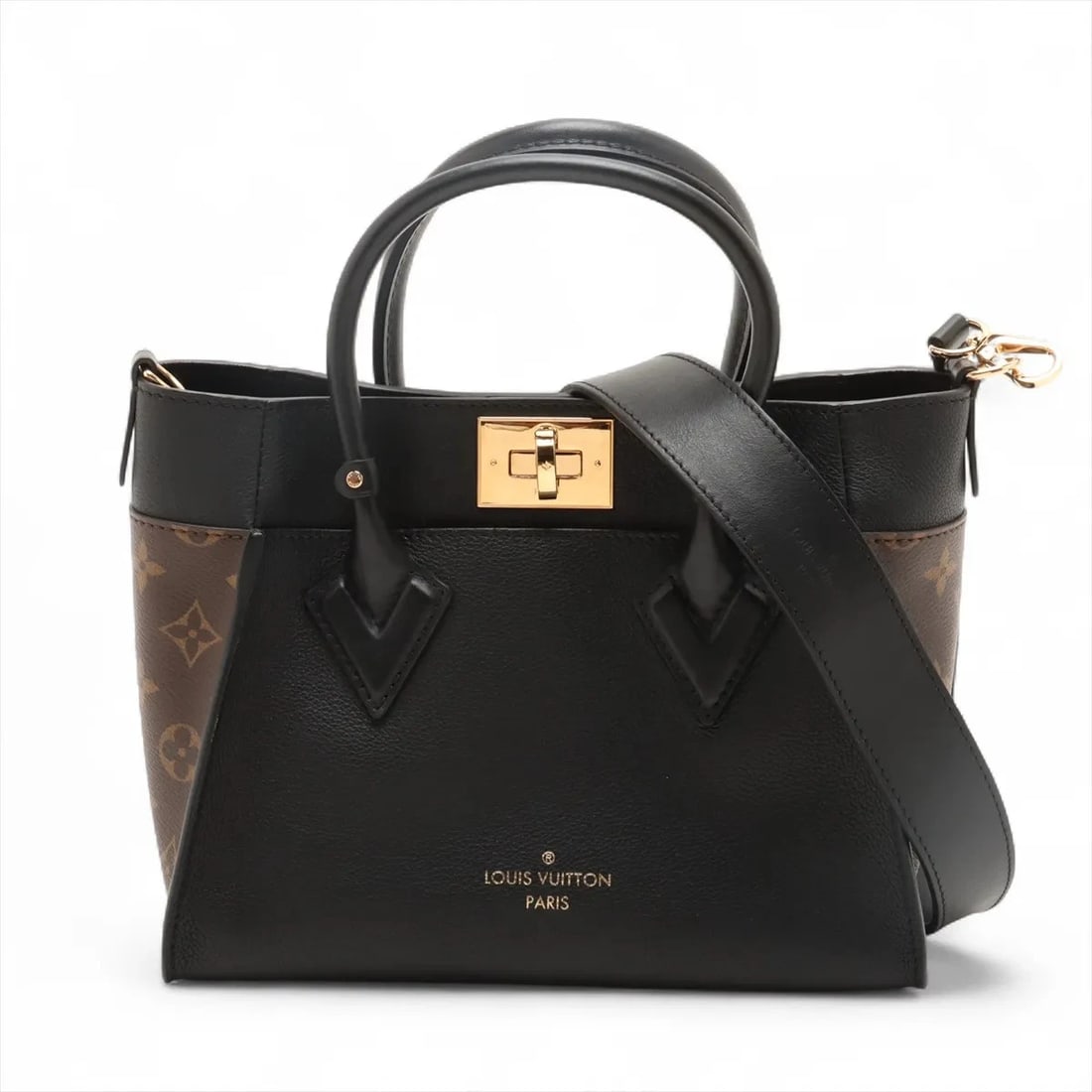 LOUIS VUITTON MONOGRAM X CALFSKIN ON MY SIDE PM: Louis Vuitton monogram x calfskin On My Side PM Brand: Louis Vuitton Type: Hand bag Material: None Color: Black Size: Height:7.5inch Length:9.8inch Depth:4.7inch Handle height:3.3inch Shoulder hei