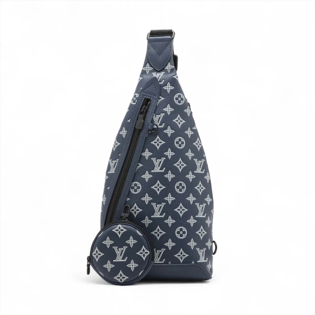 LOUIS VUITTON MONOGRAM SHADOW BLUE DUO SLING BAG: Louis Vuitton Monogram Shadow Blue Duo sling bag Brand: Louis Vuitton Type: Waist pouch/Body bag Material: None Color: Navy Blue Size: Height:16.1inchLength:7.5inchDepth:2.4inch Accessories: None