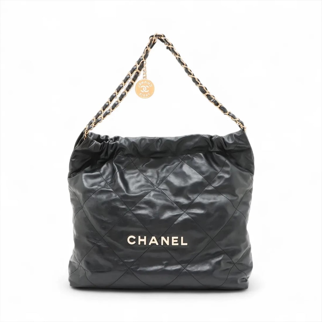CHANEL 22 SHINY CALFSKIN CHAIN SHOULDER BAG: Chanel 22 shiny calfskin Chain Shoulder Bag Brand: Chanel Type: Shoulder bag Material: shiny calfskin Color: Black Size: Height:13.0inch Length:13.6inch Depth:3.0inch Shoulder height:8.5inch Acce