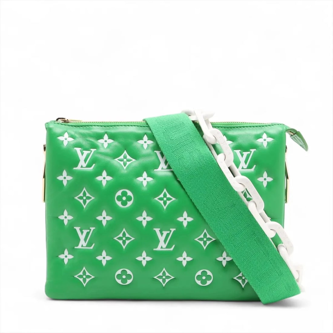 LOUIS VUITTON MONOGRAM EMBOSSED COUSSIN PM GREEN: Louis Vuitton Monogram embossed Coussin PM Green Brand: Louis Vuitton Type: Shoulder bag Material: None Color: Green Size: Height:7.7inch Length:10.2inch Depth:2.4inch Handle height:9.8inch Should