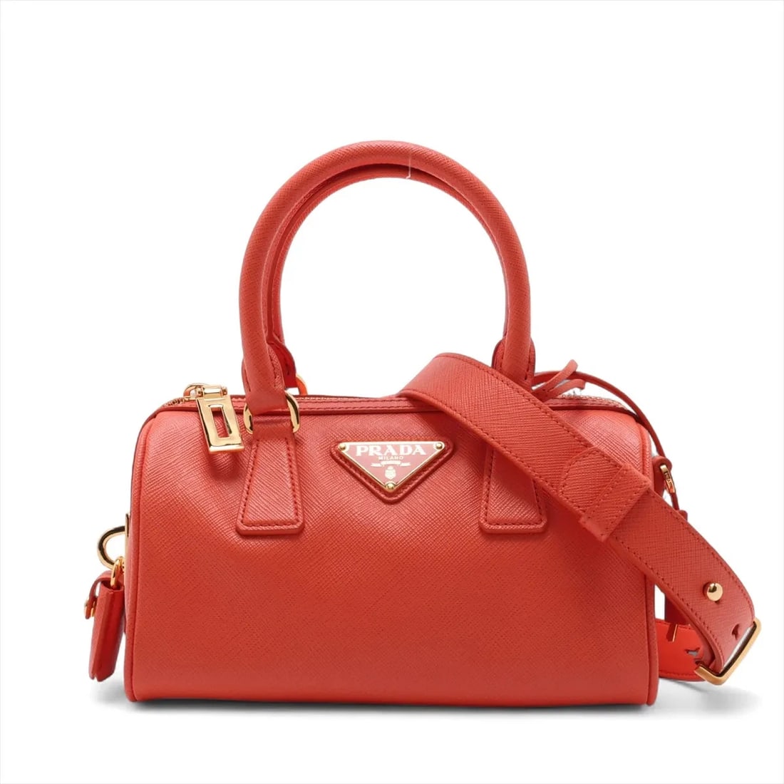 PRADA SAFFIANO LUX LEATHER 2 WAY HANDBAG ORANGE: Prada Saffiano Lux Leather 2 Way Handbag Orange Brand: Prada Type: Hand bag Material: Leather Color: Orange Size: Height:4.7inch Length:8.1inch Depth:4.7inch Handle height:3.5inch Accessories: No