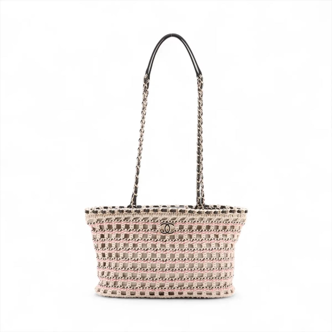 CHANEL COCO MARK FABRIC X LAMBSKIN CHAIN TOTE BAG: Chanel Coco Mark Fabric x lambskin Chain Tote Bag Brand: Chanel Type: Tote bag Material: Fabric Color: Beige Size: Height:8.3inch Length:12.2inch Depth:4.9inch Handle height:15.4inch Accessories: