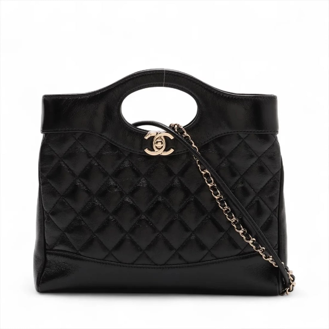 CHANEL 31 MINI SHINY LAMBSKIN 2 WAY HANDBAG: Chanel 31 Mini shiny lambskin 2 Way Handbag Brand: Chanel Type: Shoulder bag Material: shiny lambskin Color: Black Size: Height:8.3inch Length:9.3inch Depth:1.8inch Handle height:1.6inch Shoulder