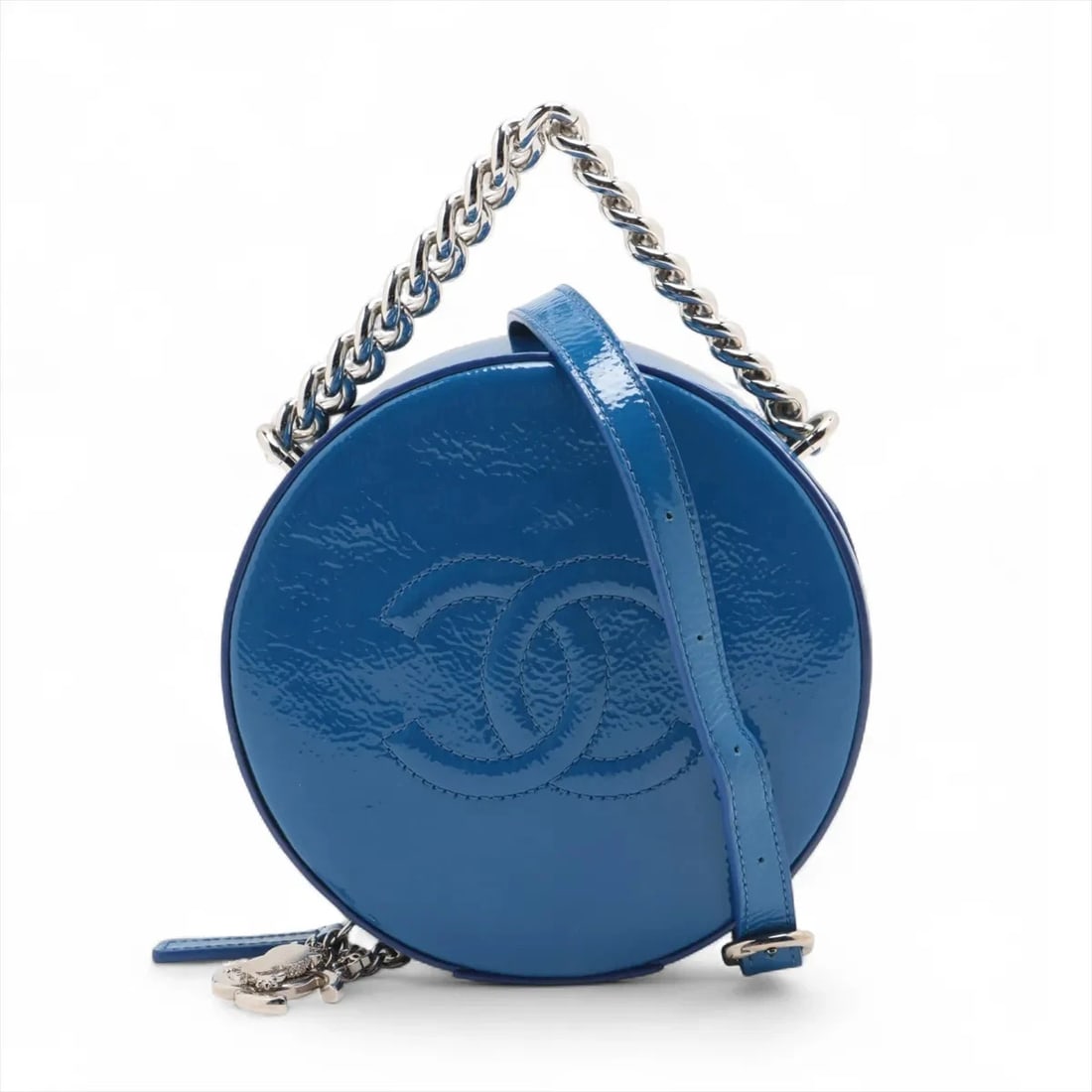 CHANEL COCO MARK PATENT LEATHER 2 WAY HANDBAG: Chanel Coco Mark Patent Leather 2 Way Handbag Brand: Chanel Type: Shoulder bag Material: Patent Leather Color: Blue Size: Height:6.1inch Length:6.1inch Depth:2.6inch Handle height:1.8inch Shoulder