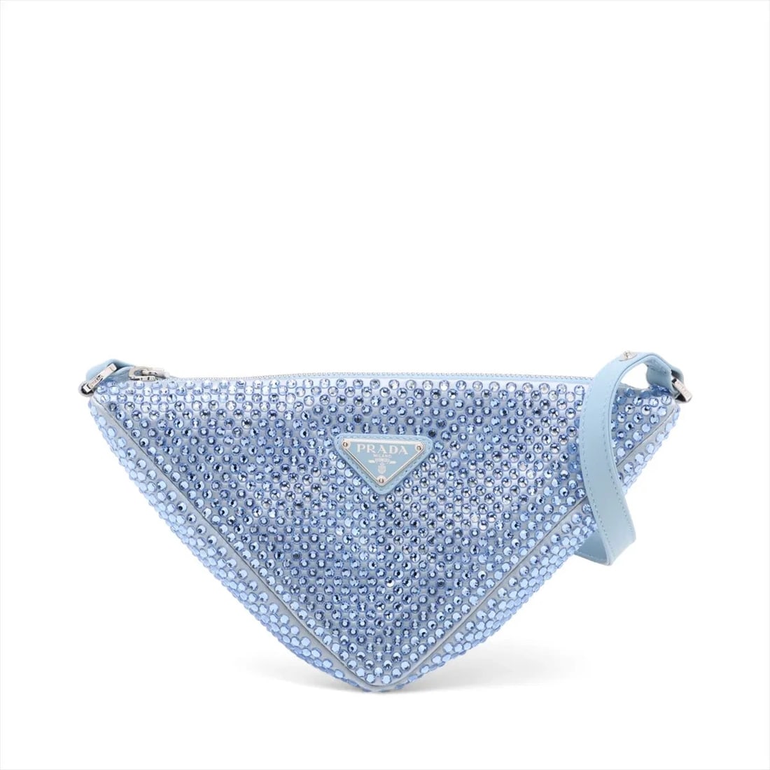 PRADA TRIANGLE SATIN X CRYSTAL SHOULDER BAG: Prada Triangle satin x crystal Shoulder bag Brand: Prada Type: Shoulder bag Material: Satin Color: Blue Size: Height:5.5inch Length:10.4inch Depth:2.6inch Shoulder height:13.2inch Accessories: No