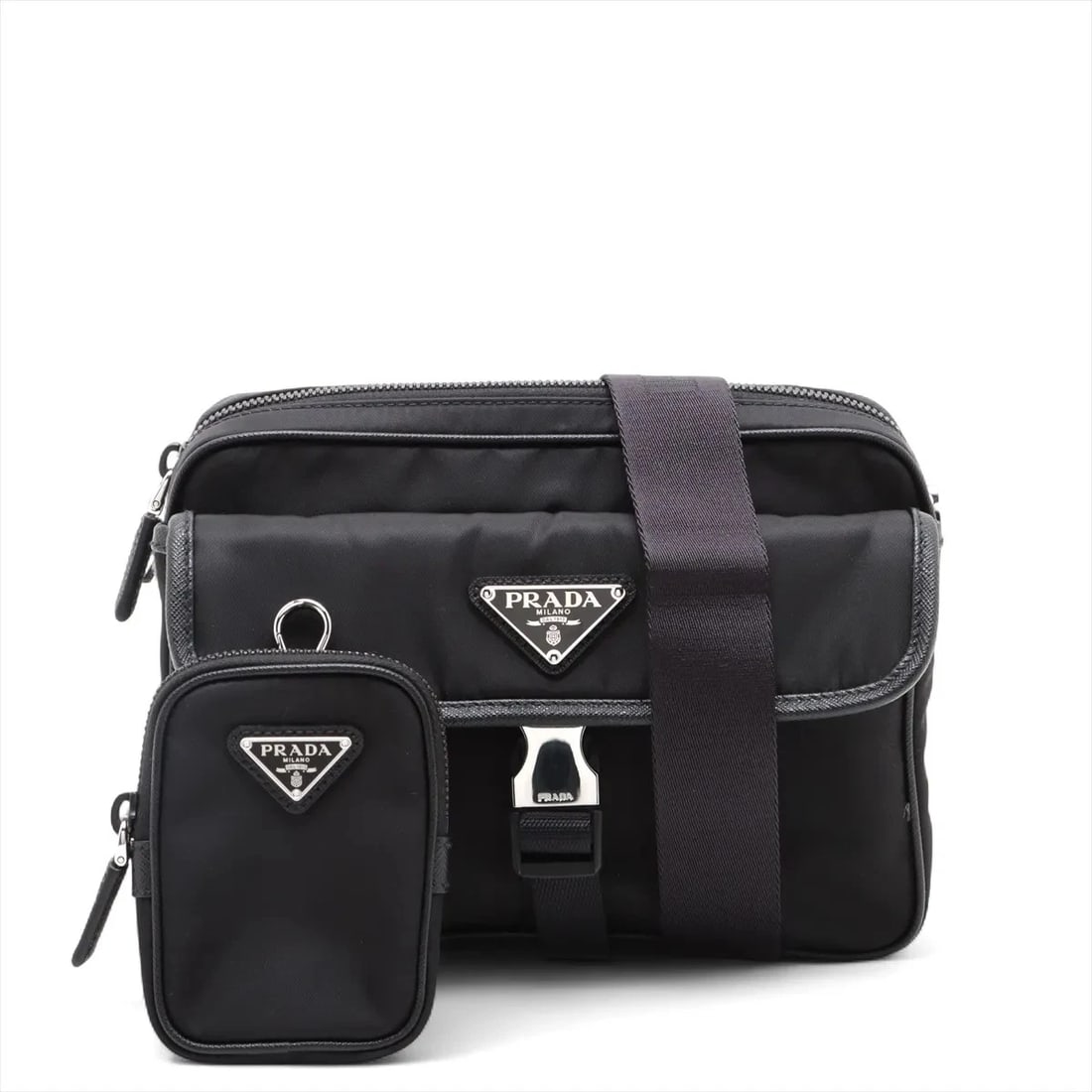 PRADA TESSUTO NYLON X LEATHER SHOULDER BAG BLACK: Prada Tessuto nylon x leather Shoulder bag Black Brand: Prada Type: Shoulder bag Material: Nylon Color: Black Size: Height:6.5inch Length:8.9inch Depth:1.6inch Shoulder height:26.4inch Accessorie