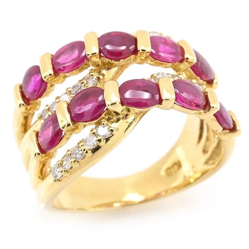 NATURAL RUBY RING 18K YG DIAMOND WAVE DESIGN: Natural Ruby Ring 18K YG Diamond Wave Design Brand: Unbranded Type/Style: Ring Material: K18WG, Main Stone/Creation Peridot Color: Gold Size: Effective length 45cm (free adjuster) Chain width 0.6m