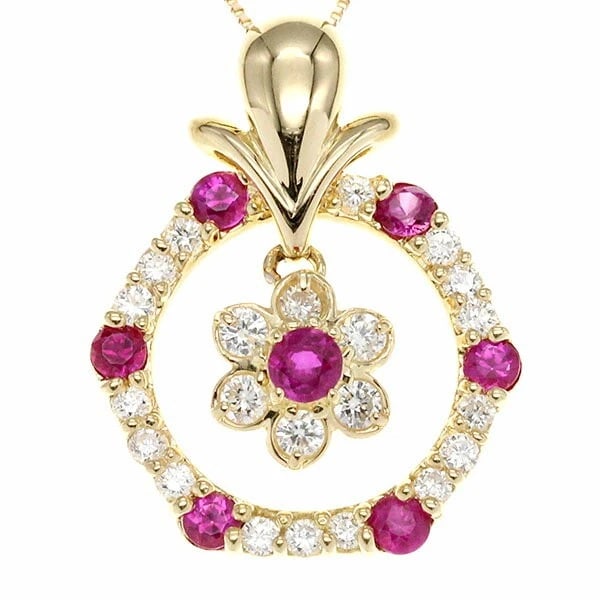 18K YG FLOWER MOTIF RUBY & DIAMOND SWING PENDANT NECKLACE: 18K YG Flower Motif Ruby & Diamond Swing Pendant Necklace Brand: Unbranded Type/Style: Necklace Material: K18YG, Main Stone/Creation ruby Color: Gold Size: Length: Approx. 45cm Top: Approx.