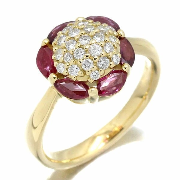 18K YG RUBY & DIAMOND FLOWER RING: 18K YG Ruby & Diamond Flower Ring Brand: Unbranded Type/Style: Ring Material: K18YG, Main Stone/Creation Ruby Color: Gold Size: 6US Accessories: None Accessories Notice: When purchasing pr
