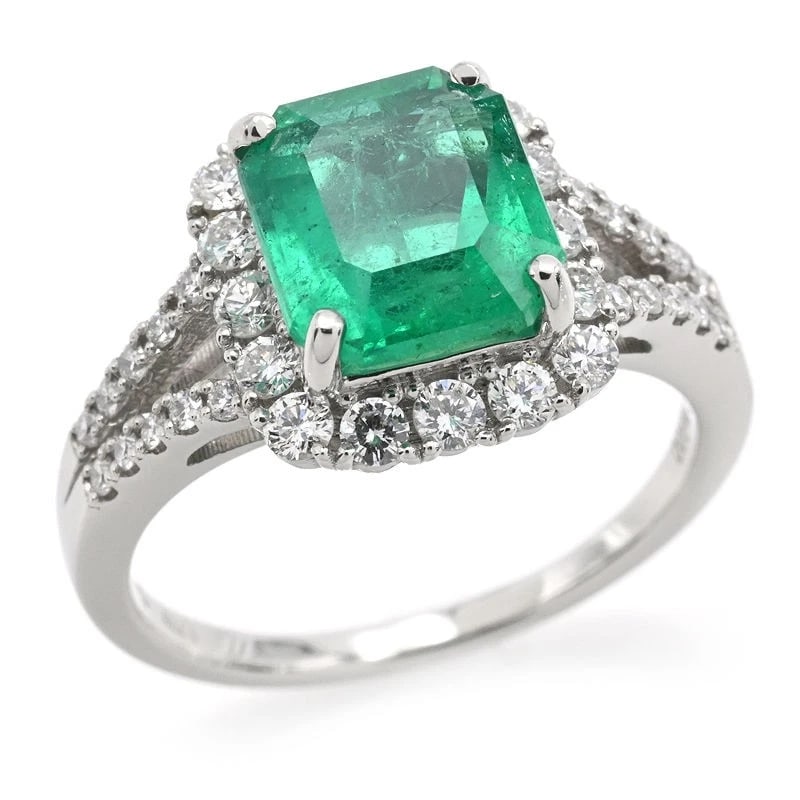 NATURAL EMERALD RING PT900 DIAMOND SQUARE GREEN: Natural Emerald Ring Pt900 Diamond Square Green Brand: Unbranded Type/Style: Ring Material: Pt900, Main Stone/Creation Emerald Color: Silver Size: 6US Accessories: None Accessories Notice: