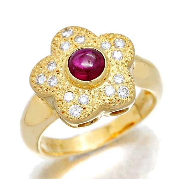 18K YG FLORAL RUBY DIAMOND RING: 18K YG Floral Ruby Diamond Ring Brand: Unbranded Type/Style: Ring Material: K18YG, Main Stone/Creation Ruby Color: Gold Size: 6.5US Accessories: None Accessories Notice: When purchasing
