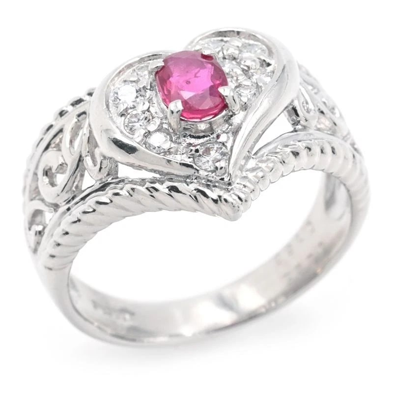 NATURAL RUBY RING PT900 DIAMOND HEART DESIGN: Natural Ruby Ring Pt900 Diamond Heart Design Brand: Unbranded Type/Style: Ring Material: pt900, Main Stone/Creation ruby Color: Silver Size: 6 US Accessories: None Accessories Notice: When