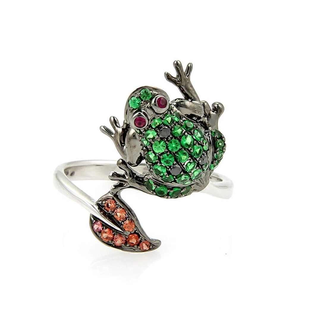 FROG LEAF BYPASS TSAVORITE SAPPHIRE GARNET RING - 2