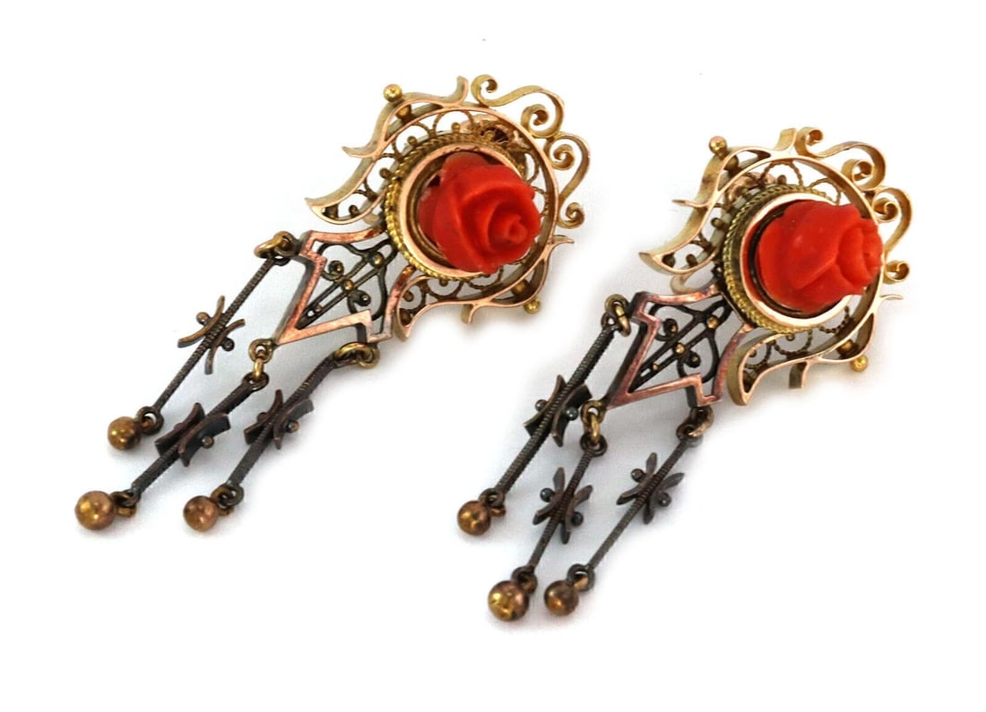 VICTORIAN CORAL ROSE 14K GOLD DANGLE BACK DANGLE EARRINGS: Victorian Coral Rose 14k Gold Dangle Back Dangle Earrings Brand: Unbranded Type: Earrings Material: 14k yellow and darkened gold Color: none Size: Measurement: 2.07" long x 0.82" wide x 10.2mm