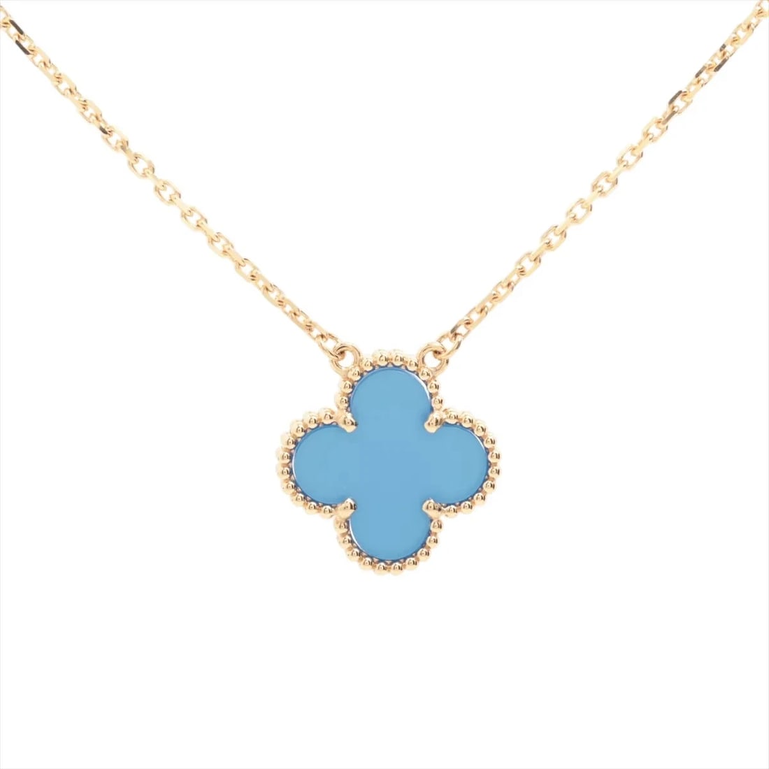 VAN CLEEF & ARPELS VINTAGE ALHAMBRA BLUE AGATE NECKLACE: Van Cleef & Arpels Vintage Alhambra Blue Agate Necklace Brand: Van Cleef & Arpels Type: Necklace Material: 750(YG) Color: Yellow gold Size: Chain length:42.1 Accessories: None Accessories