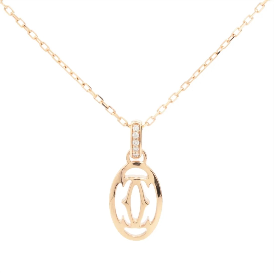CARTIER LOGO DOUBLE DIAMOND NECKLACE 750(PG): Cartier Logo Double diamond Necklace 750(PG) Brand: Cartier Type: Necklace Material: 750(PG) Color: Pink Gold Size: Chain length:41 Accessories: None Accessories Notice: When purchasing