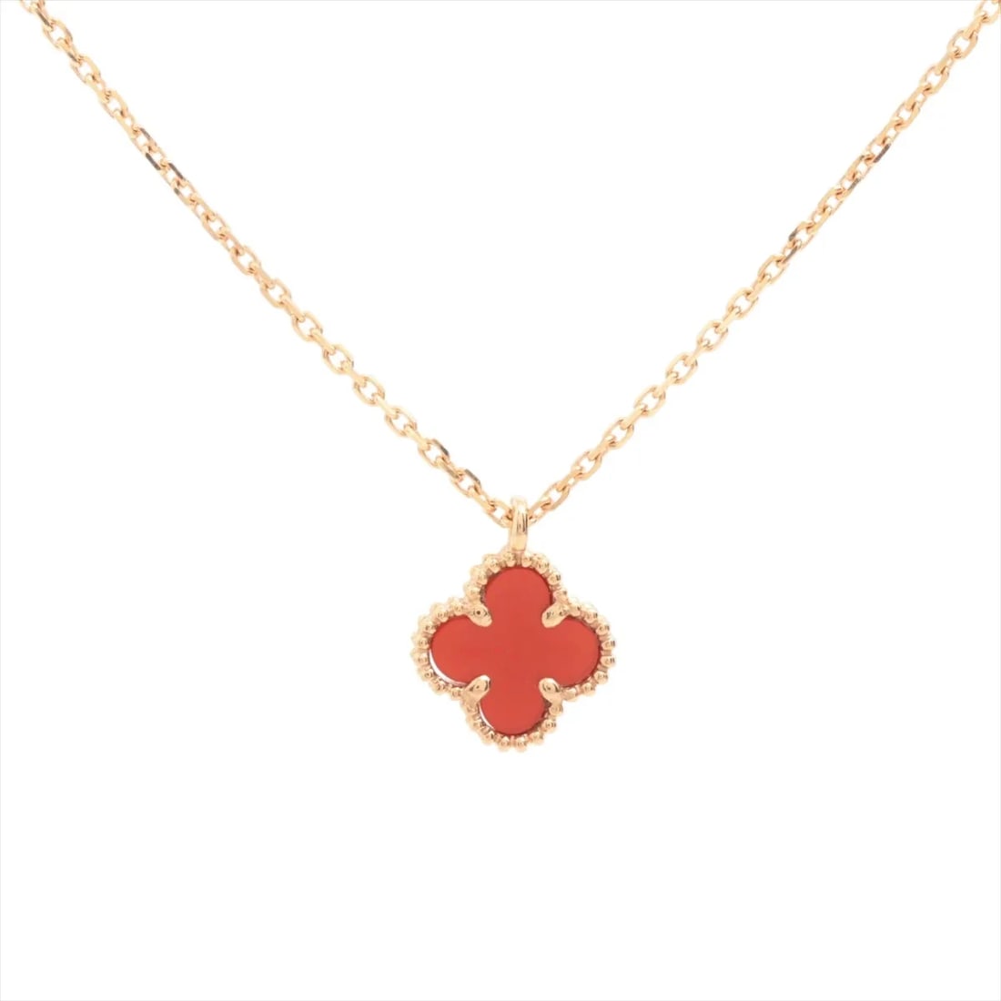 VAN CLEEF & ARPELS SWEET ALHAMBRA CARNELIAN NECKLACE 750(PG): Van Cleef & Arpels Sweet Alhambra Carnelian Necklace 750(PG) Brand: Van Cleef & Arpels Type: Necklace Material: 750PG Color: Pink Gold Size: Chain length:41 Accessories: None Accessories