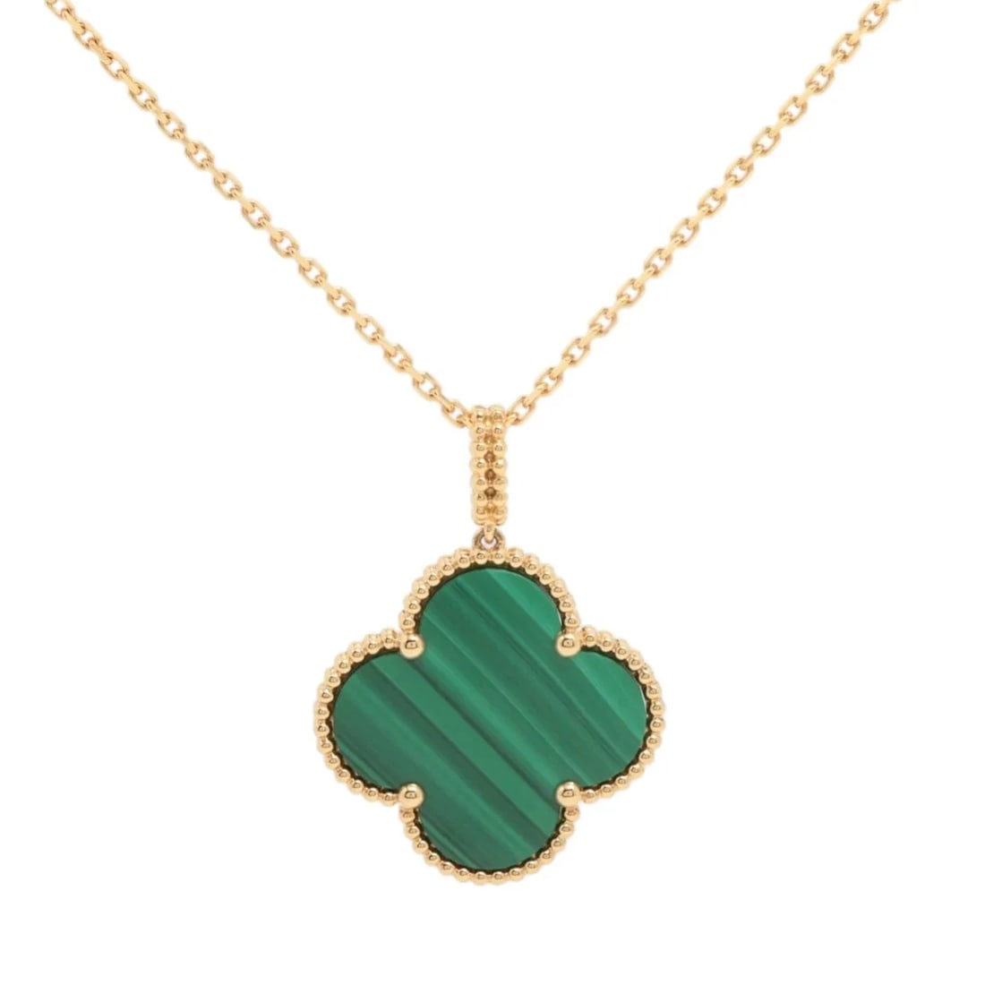 VAN CLEEF & ARPELS LONG MALACHITE NECKLACE 750(YG): Van Cleef & Arpels Long Malachite Necklace 750(YG) Brand: Van Cleef & Arpels Type: Necklace Material: 750(YG) Color: Yellow Gold Size: Chain length:90.2 Accessories: None Accessories Notice: