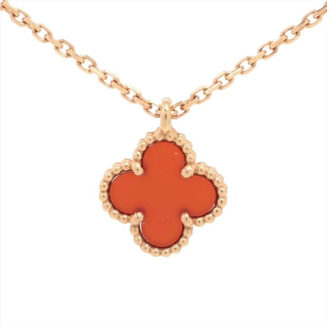 VAN CLEEF & ARPELS SWEET ALHAMBRA CARNELIAN NECKLACE 750(PG): Van Cleef & Arpels Sweet Alhambra Carnelian Necklace 750(PG) Brand: Van Cleef & Arpels Type: Necklace Material: 750(PG) Color: Pink Gold Size: Chain length:40.3 Accessories: None Accessories