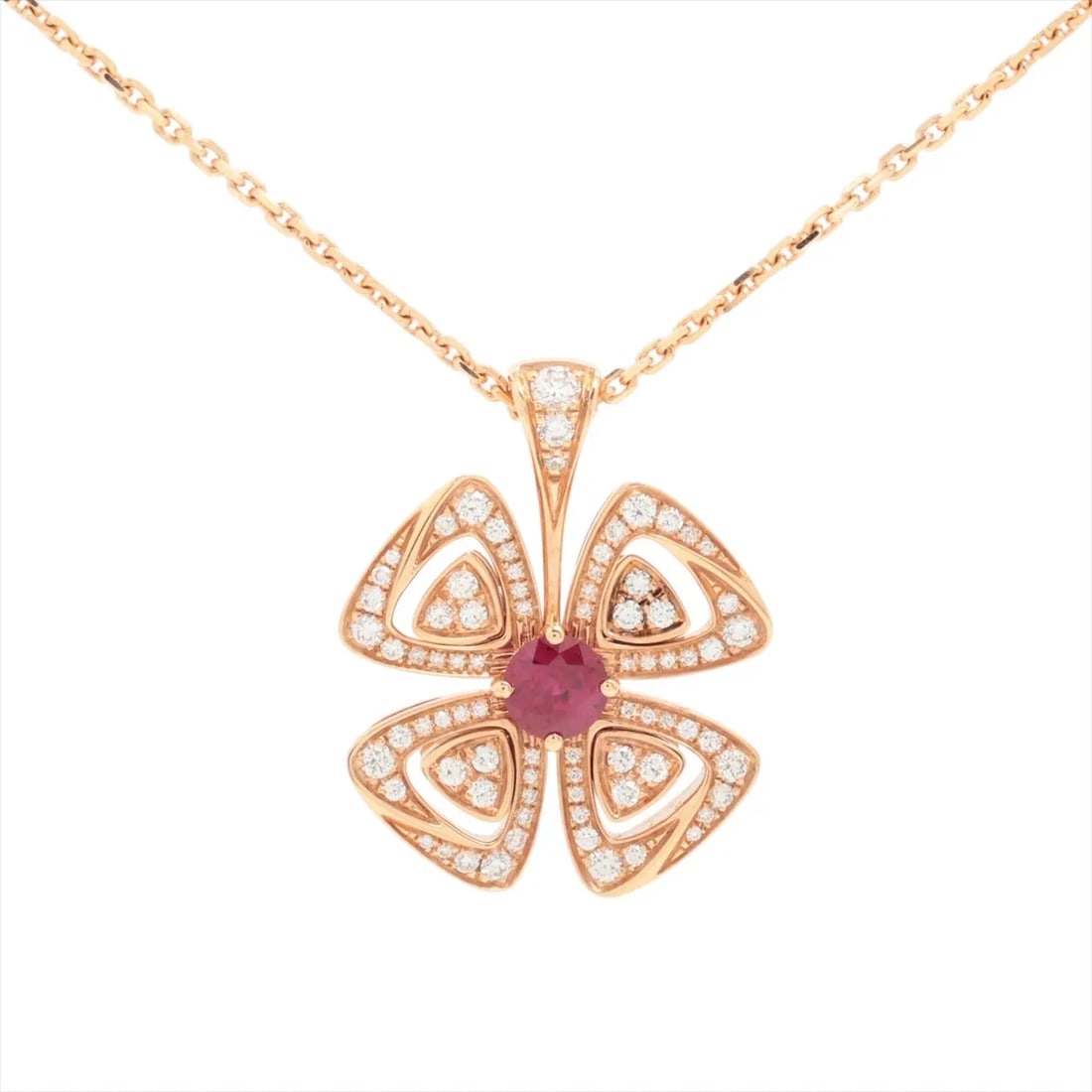 BVLGARI FIOREVER RUBY DIAMOND NECKLACE 750(PG): Bvlgari Fiorever Ruby diamond Necklace 750(PG) Brand: Bvlgari Type: Necklace Material: 750(PG) Color: Pink Gold Size: Chain length:44.5 Accessories: None Accessories Notice: When purchasing