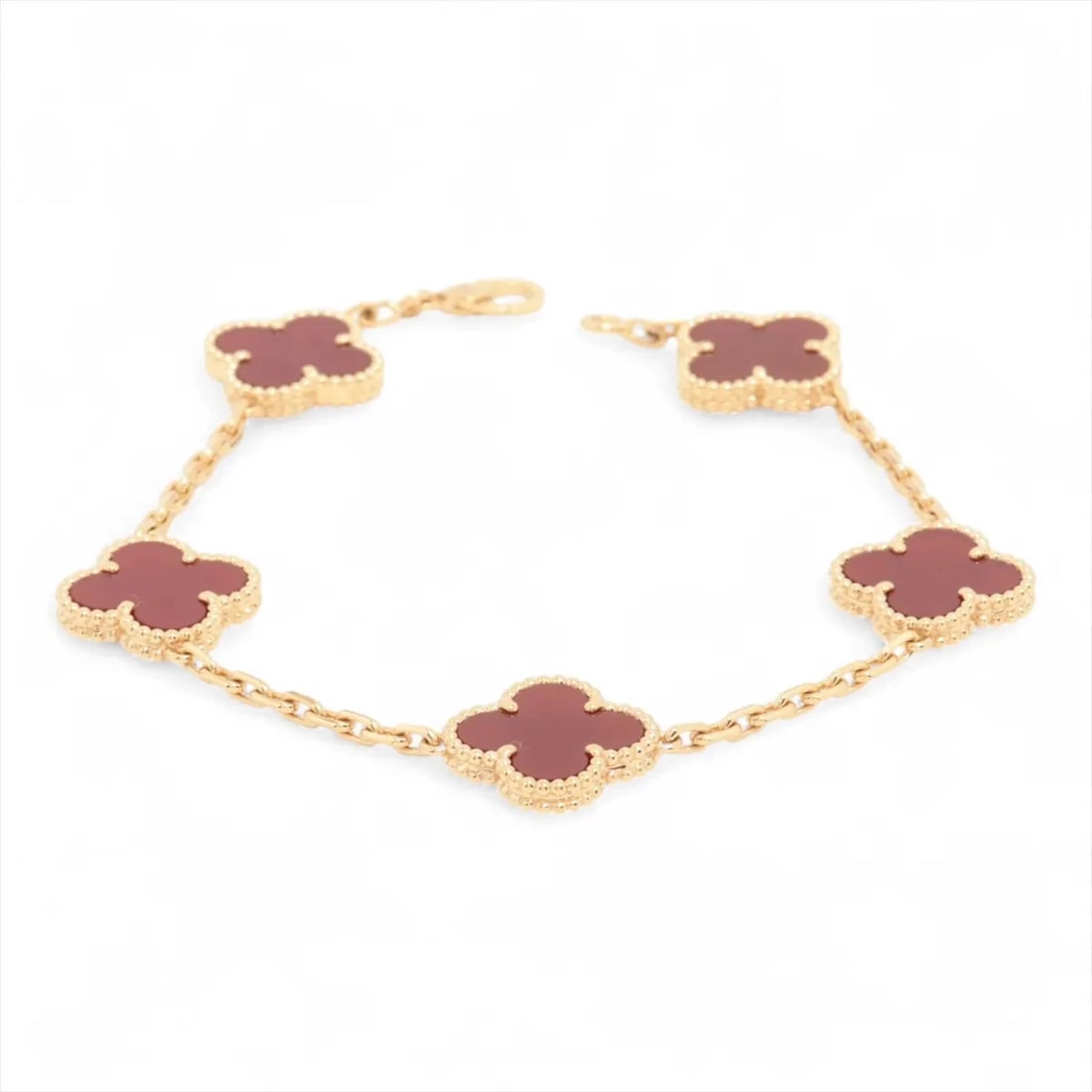 VAN CLEEF & ARPELS VINTAGE ALHAMBRA 5P CARNELIAN BRACELET 750(YG): Van Cleef & Arpels Vintage Alhambra 5P Carnelian Bracelet 750(YG) Brand: Van Cleef & Arpels Type: Bracelet Material: 750(YG) Color: Yellow Gold Size: Bracelet length:20 Accessories: None