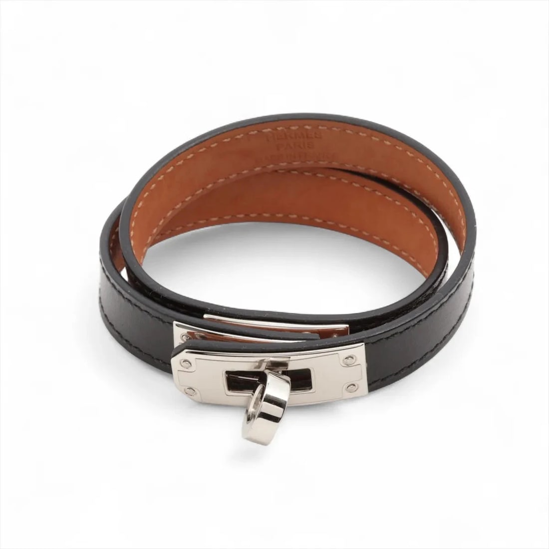 HERMÈS KELLY BRACELET DUBLETOUR BRACELET GP & LEATHER SILVER X BLACK: Hermès Kelly Bracelet Dubletour Bracelet GP & Leather silver x black Brand: Hermès Type: Bracelet Material: GP & Leather Color: silver x black Size: Bracelet length:15.5 Accessories: None