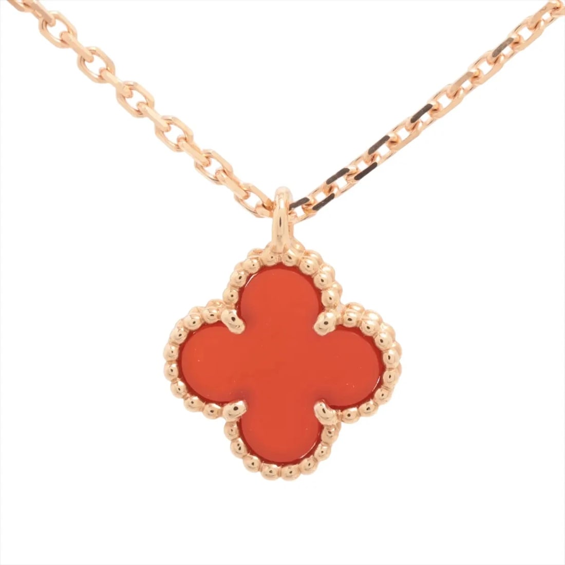 VAN CLEEF & ARPELS SWEET ALHAMBRA CARNELIAN NECKLACE 750(PG): Van Cleef & Arpels Sweet Alhambra Carnelian Necklace 750(PG) Brand: Van Cleef & Arpels Type: Necklace Material: 750(PG) Color: Pink Gold Size: Chain length:40.3 Accessories: None Accessories