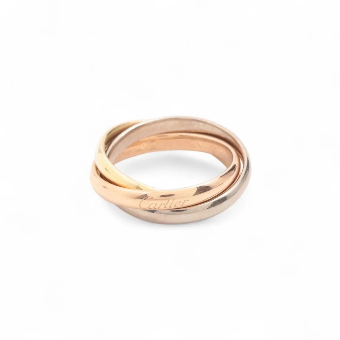 CARTIER TRINITY RING 750(YG×PG×WG): Cartier Trinity Ring 750(YG×PG×WG) Brand: Cartier Type: Ring Material: 750(YG,PG,WG) Color: YG×PG×WG Size: 3.75 US Accessories: None Accessories Notice: When purchasing pre-owned goods, pl