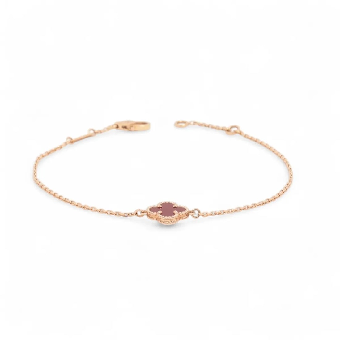 VAN CLEEF & ARPELS SWEET ALHAMBRA CARNELIAN BRACELET 750(PG): Van Cleef & Arpels Sweet Alhambra Carnelian Bracelet 750(PG) Brand: Van Cleef & Arpels Type: Bracelet Material: 750(PG) Color: Pink Gold Size: Bracelet length:17.7 Accessories: None