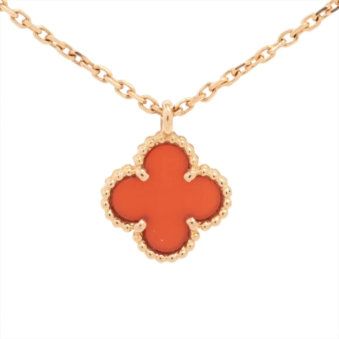 VAN CLEEF & ARPELS SWEET ALHAMBRA CARNELIAN NECKLACE 750(PG): Van Cleef & Arpels Sweet Alhambra Carnelian Necklace 750(PG) Brand: Van Cleef & Arpels Type: Necklace Material: 750(PG) Color: Pink Gold Size: Chain length:40.7 Accessories: None Accessories