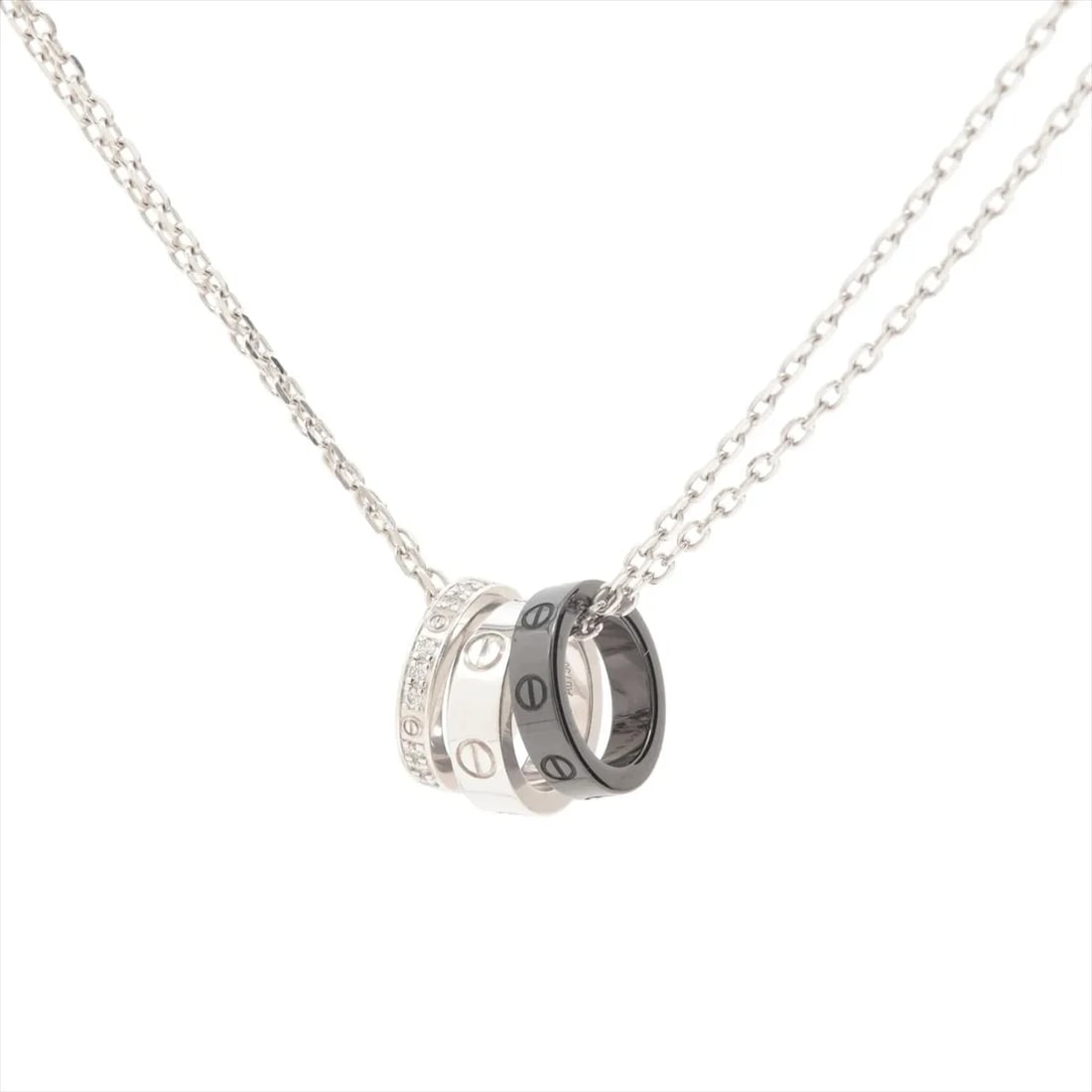 CARTIER LOVE THREE HOOP DIAMOND NECKLACE 750 (WG) X CERAMIC: Cartier Love Three Hoop diamond Necklace 750 (WG) x Ceramic Brand: Cartier Type: Necklace Material: 750 (WG) x Ceramic Color: White Gold Size: Chain length:41 Accessories: None Accessories