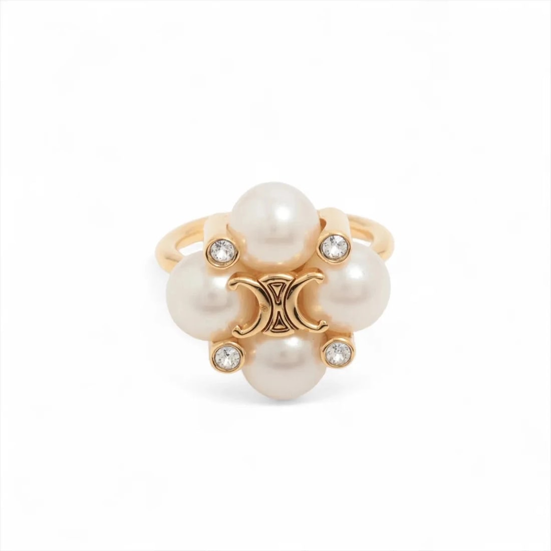 CELINE TRIOMPHE RING GP X RHINESTONE X IMITATION PEARL GOLD: Celine Triomphe Ring GP x rhinestone x imitation pearl Gold Brand: Celine Type/Style: Ring Material: GP x rhinestone x imitation pearl, Color: Gold Size: 6.25 - 6.5 US Accessories: None