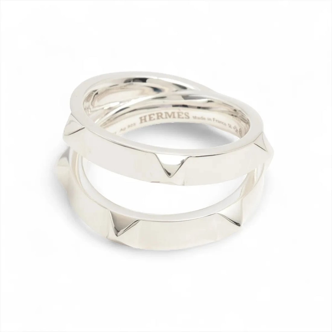 HERMES MINI CREW DOUBLE RING: Hermes mini crew double Ring Brand: Hermes Type/Style: Ring Material: 925, Color: Silver Size: 7.75 - 8 Accessories: None Accessories Notice: When purchasing pre-owned goods, please refer