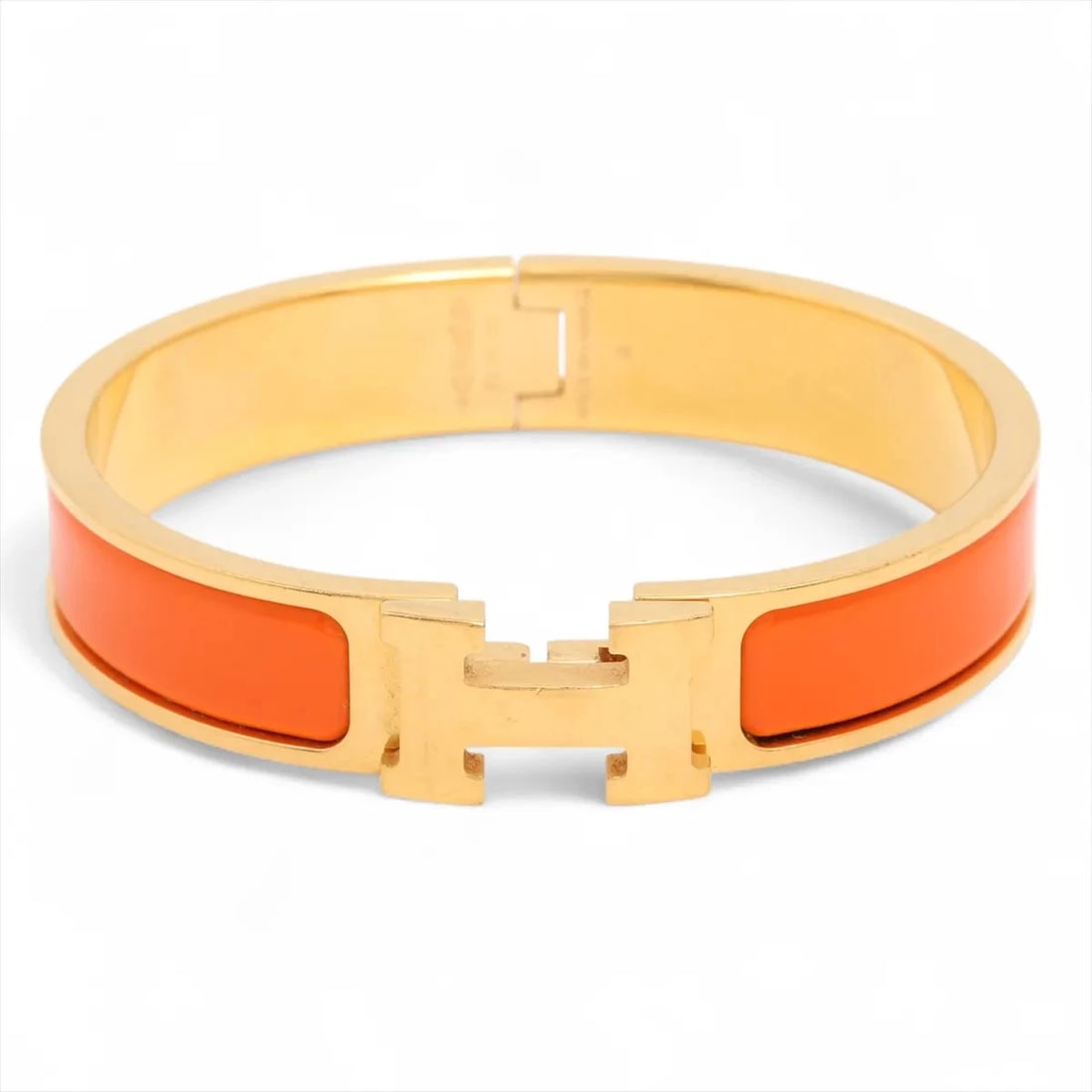 HERMES CLICK H FAN BANGLE GP ORANGE: Hermes Click H fan Bangle GP Orange Brand: Hermes Type/Style: Bracelet Material: GP, Color: Orange × Gold Size: Bracelet length:15.5 Accessories: None Accessories Notice: When purchasing