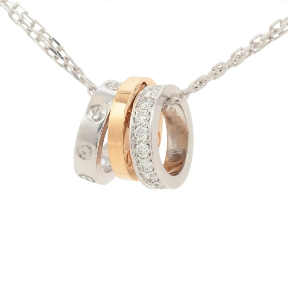 CARTIER LOVE THREE HOOP DIAMOND NECKLACE: Cartier Love Three Hoop diamond Necklace Brand: Cartier Type/Style: Necklace Material: 750(PG×WG), Main Stone/Creation Natural Color: PG×WG Size: Size(CM) Chain length:41 Accessories: None