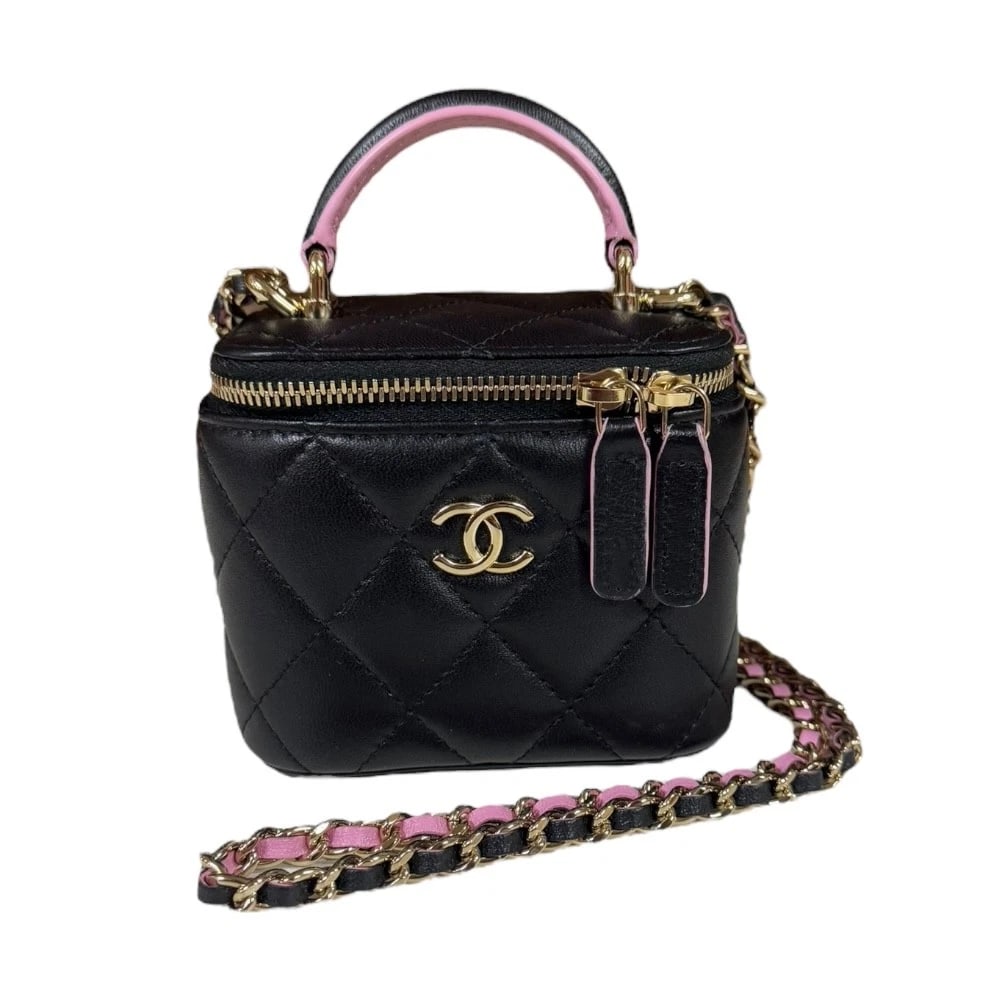 CHANEL SHOULDER BAG CROSS BODY: CHANEL Shoulder Bag Cross Body Brand: CHANEL Type: Shoulder Bag Material/Exterior Material: lambskin Color/Exterior Color: black / pink Size: W3.9 x H3.3 x D2.8inch Handle:3.7inch
