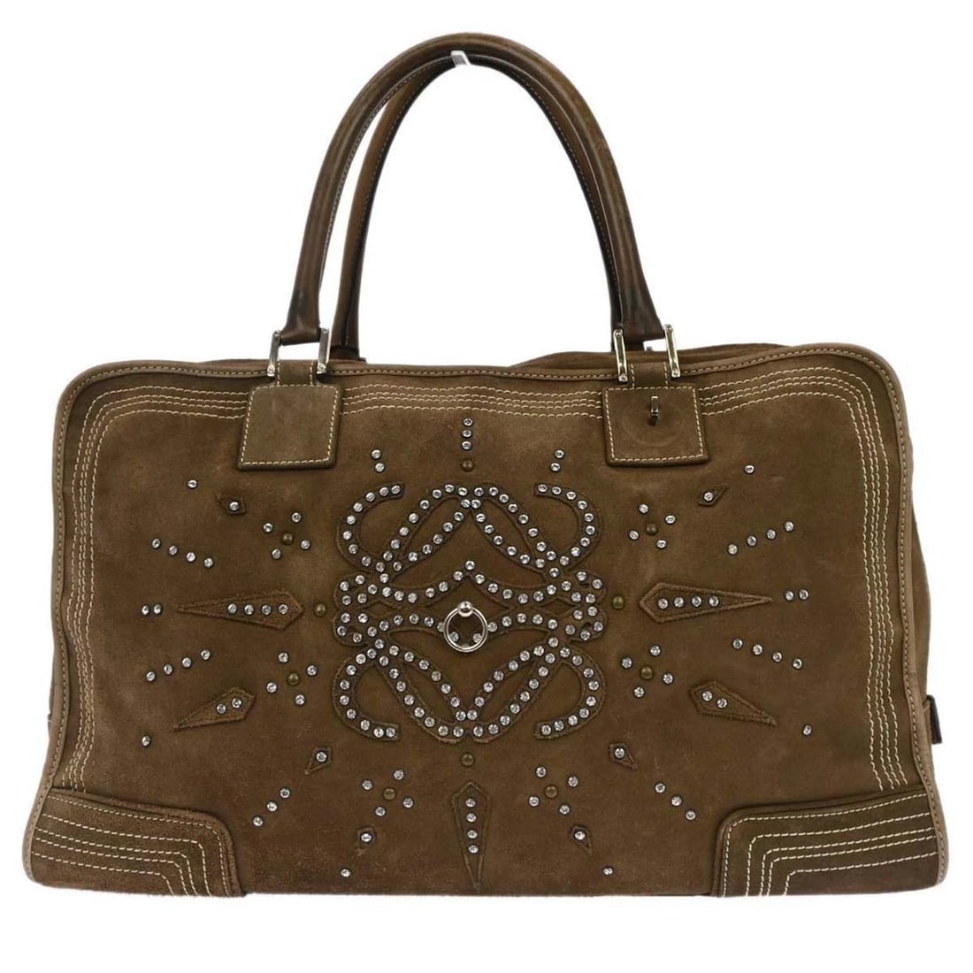 LOEWE BROWN SUEDE AMAZONA HANDBAG: Loewe Brown Suede Amazona Handbag Brand: Loewe Type: Top Handle Bag Material/Exterior Material: Suede, Leather, Rhinestone Color/Exterior Color: Brown Size: W 17.7 x H 10.2 x D 7.9 " Handle Drop.