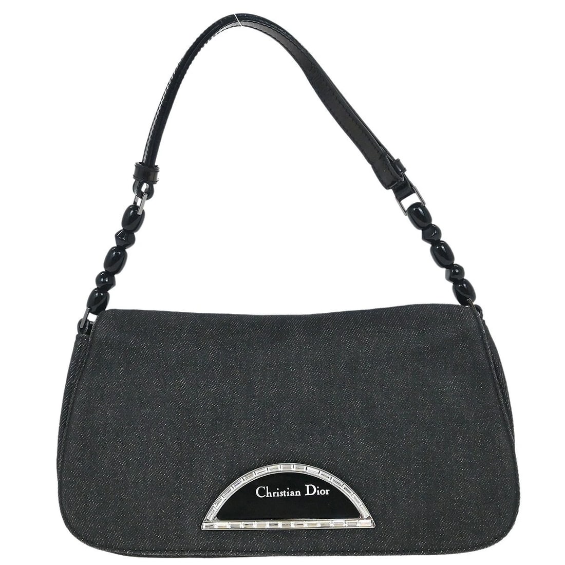CHRISTIAN DIOR BLACK DENIM MALICE HANDBAG: Christian Dior Black Denim Malice Handbag Brand: Dior Type: Top Handle Bag Material/Exterior Material: Denim, Leather Color/Exterior Color: Black Size: W 10.2 x H 5.9 x D 1.6 " Handle Drop. 6.7 "