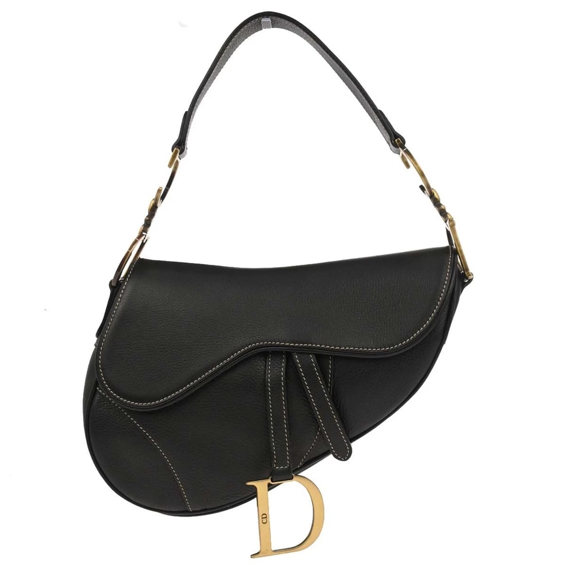 CHRISTIAN DIOR BLACK LEATHER SADDLE HANDBAG: Christian Dior Black Leather Saddle Handbag Brand: Dior Type: Saddle Bag Material/Exterior Material: Leather Color/Exterior Color: Black Size: W 9.4 x H 7.5 x D 3.1 " Handle Drop. 7.5 " Accessori