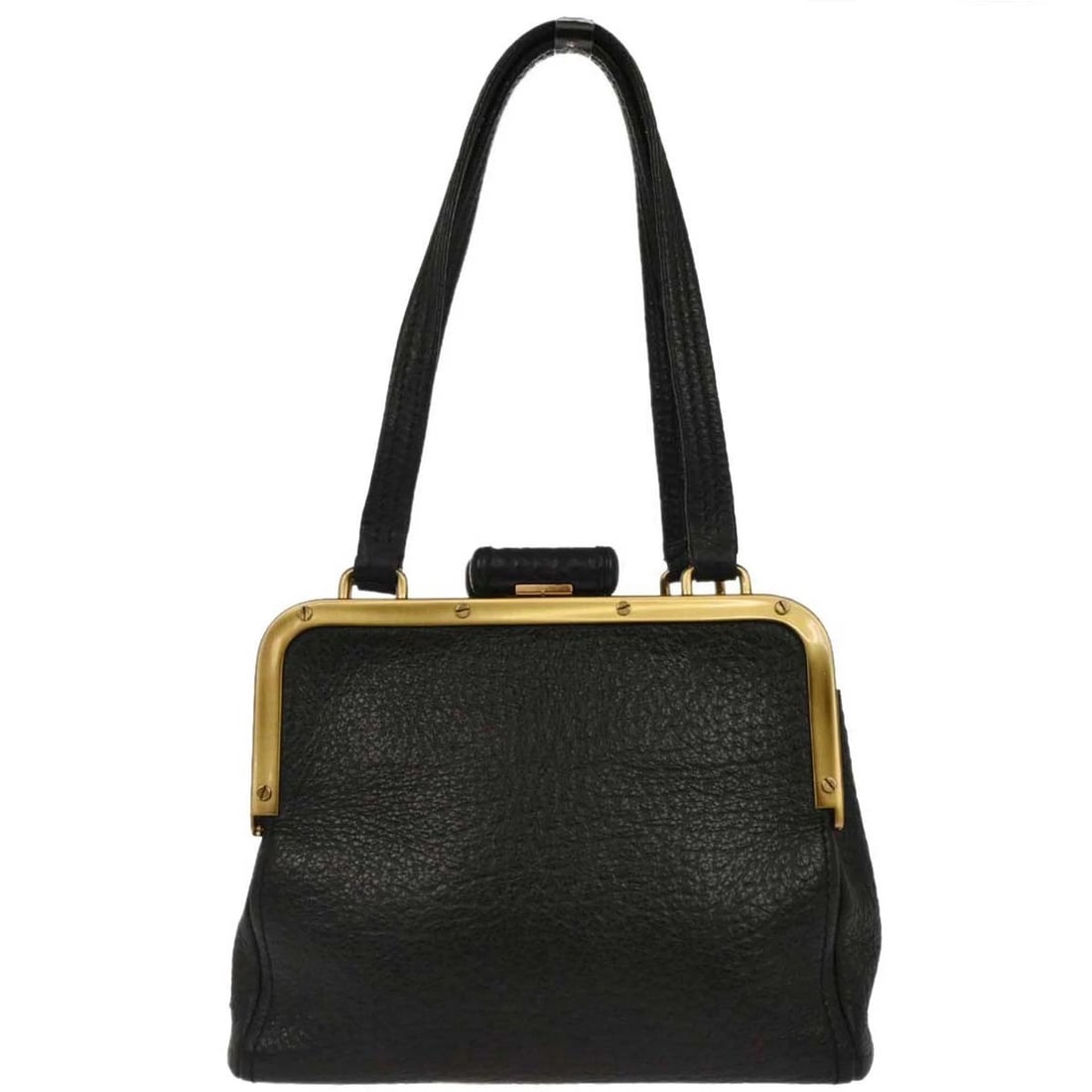 PRADA BLACK LEATHER HANDBAG: Prada Black Leather Handbag Brand: PRADA Type: Top Handle Bag Material/Exterior Material: Leather Color/Exterior Color: Black Size: W 8.3 x H 6.7 x D 3.1 " Handle Drop. 7.5 " Accessories: None