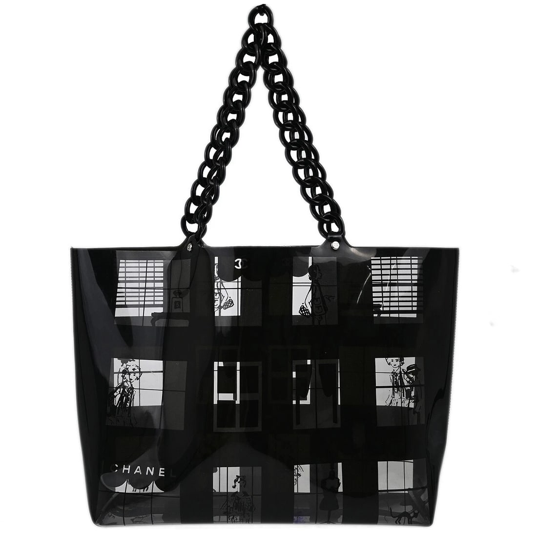 CHANEL BLACK VINYL WINDOW TOTE HANDBAG: Chanel Black Vinyl Window Tote Handbag Brand: CHANEL Type: Tote Material/Exterior Material: Vinyl, Acrylic Color/Exterior Color: Black, Clear Size: W 13.0 x H 11.0 x D 3.9 " Handle Drop. 8.7 "