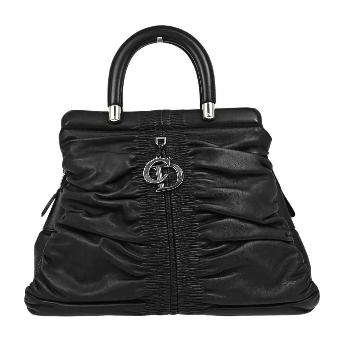 CHRISTIAN DIOR BLACK KARENINA HANDBAG: Christian Dior Black Karenina Handbag Brand: Dior Type: Top Handle Bag Material/Exterior Material: Leather Color/Exterior Color: Black Size: W 16.1 x H 12.6 x D 7.5 " Handle Drop. 3.5 " 