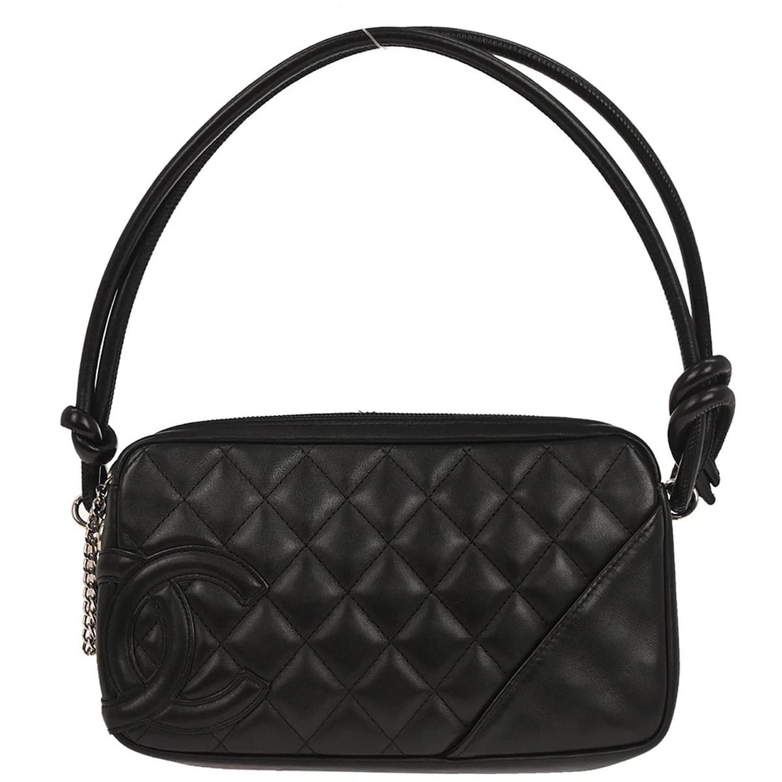 CHANEL BLACK CALFSKIN CAMBON LIGNE HANDBAG: Chanel Black Calfskin Cambon Ligne Handbag Brand: CHANEL Type: Top Handle Bag Material/Exterior Material: Calfskin Color/Exterior Color: Black Size: W 8.3 x H 5.1 x D 1.2 " Handle Drop. 5.5 " 