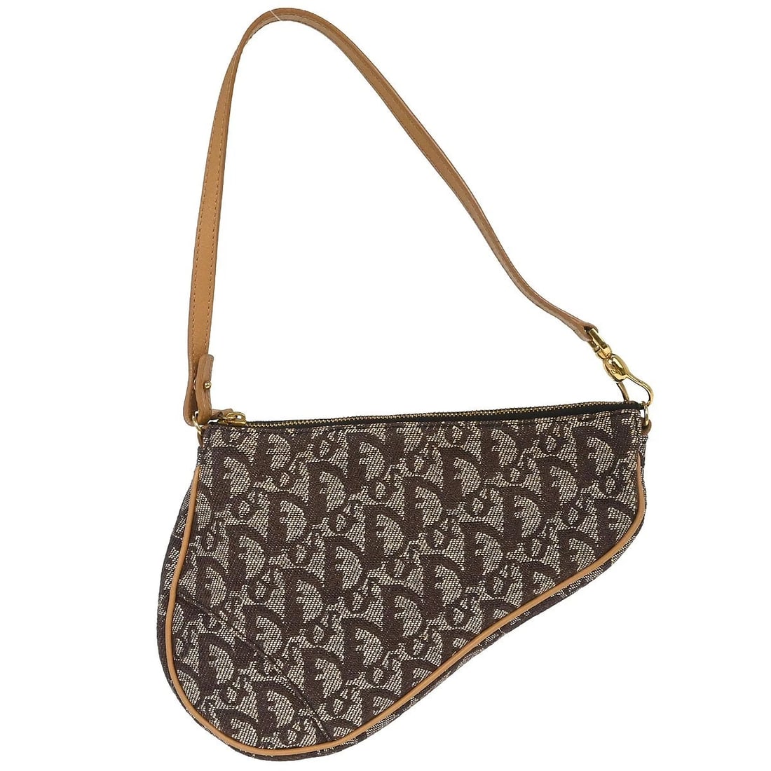 CHRISTIAN DIOR BROWN TROTTER SADDLE HANDBAG: Christian Dior Brown Trotter Saddle Handbag Brand: Dior Type: Saddle Bag Material/Exterior Material: Canvas, Leather Color/Exterior Color: Brown, Beige Size: W 7.9 x H 5.9 x D 1.6 " Handle