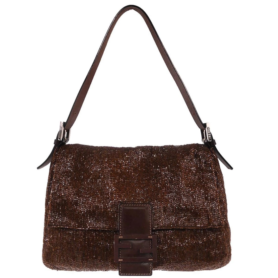 FENDI BROWN BEADS MAMMA BAGUETTE HANDBAG: Fendi Brown Beads Mamma Baguette Handbag Brand: Fendi Type: Hand Bag Material/Exterior Material: Beads, Leather Color/Exterior Color: Brown Size: W 11.0 x H 7.9 x D 4.7 " Strap Drop. 5.5 - 7.1