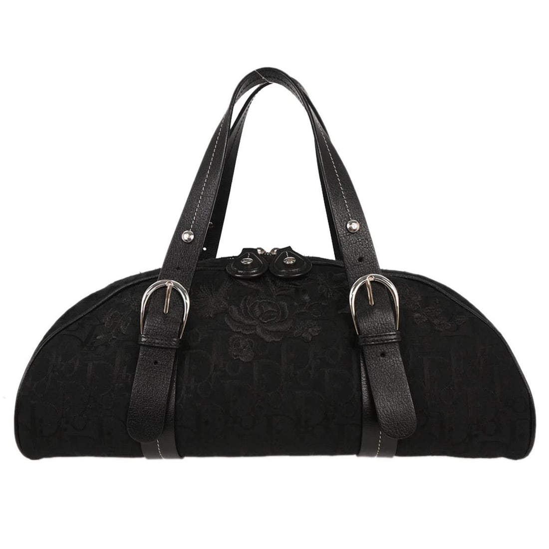 CHRISTIAN DIOR BLACK FLORAL EMBROIDERED TROTTER HANDBAG: Christian Dior Black Floral Embroidered Trotter Handbag Brand: Dior Type: Top Handle Bag Material/Exterior Material: Canvas, Leather Color/Exterior Color: Black Size: W 14.2 x H 5.9 x D 6.3 "