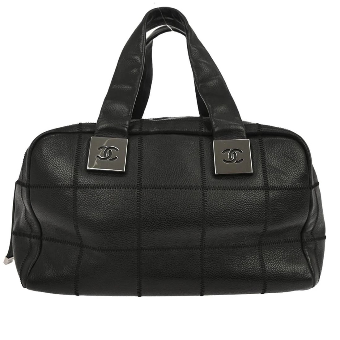 CHANEL BLACK CALFSKIN CHOCO BAR HANDBAG: Chanel Black Calfskin Choco Bar Handbag Brand: CHANEL Type: Top Handle Bag Material/Exterior Material: Caviar skin leather Color/Exterior Color: Black Size: W 11.4 x H 6.7 x D 7.1 " Handle