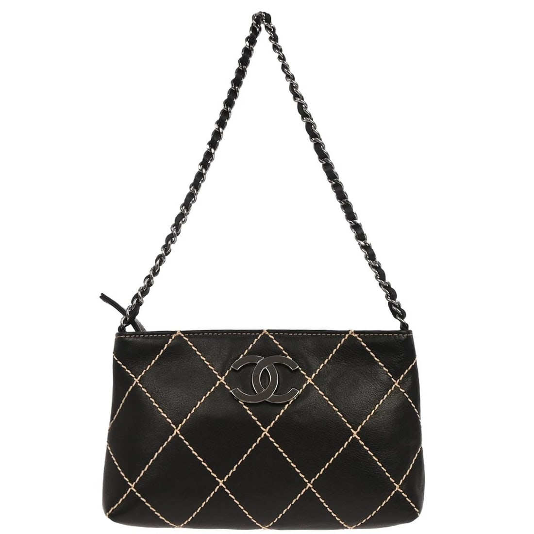 CHANEL BLACK CALFSKIN WILD STITCH HANDBAG: Chanel Black Calfskin Wild Stitch Handbag Brand: CHANEL Type: Handbag Material/Exterior Material: Calfskin Leather Color/Exterior Color: Black Size: W 7.1 x H 4.3 x D 1.6 " Handle Drop. 7.5 " 